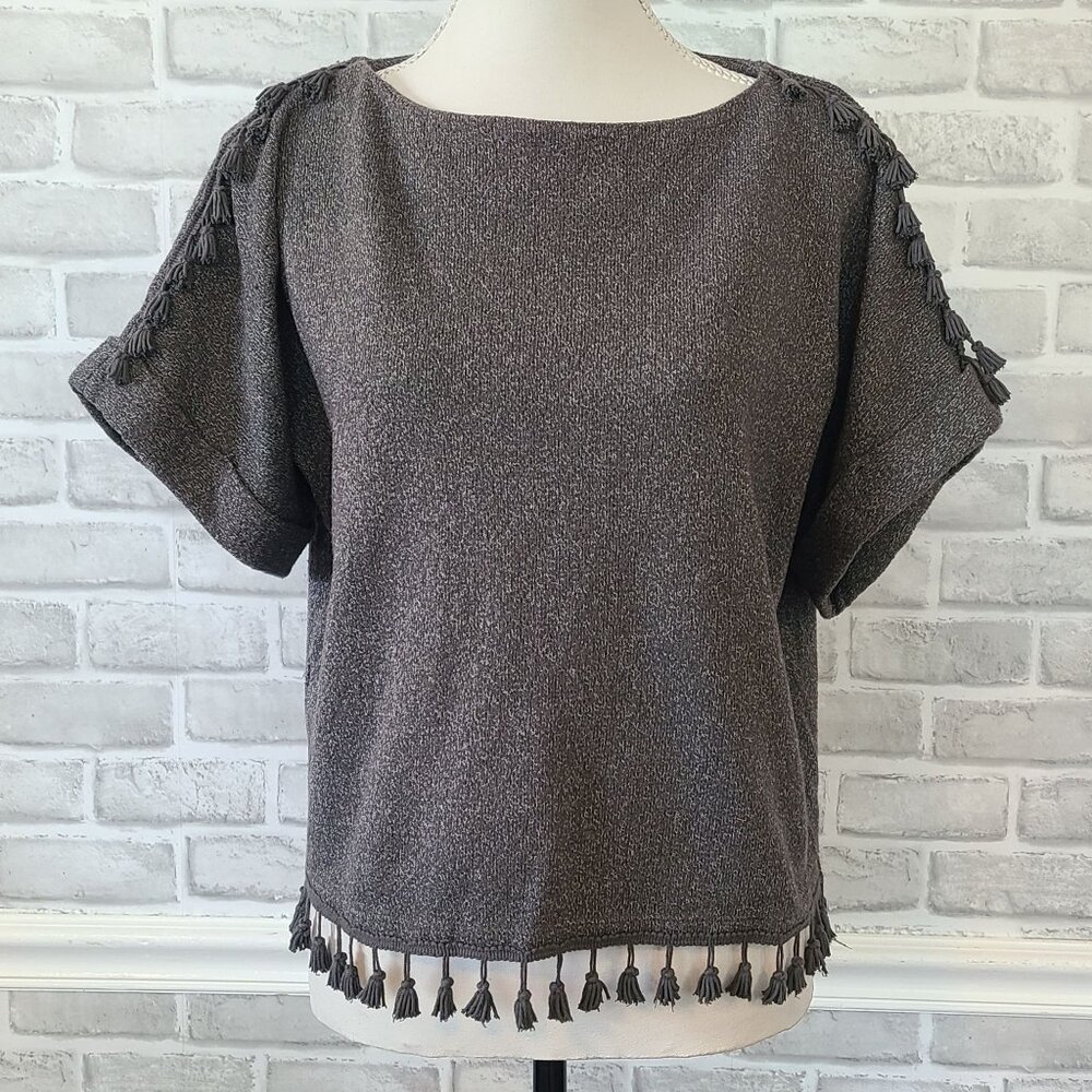 MNG Fringe Short Sleeve Knit Sweater Top Medium Boho Coastal Cowgirl Hippie